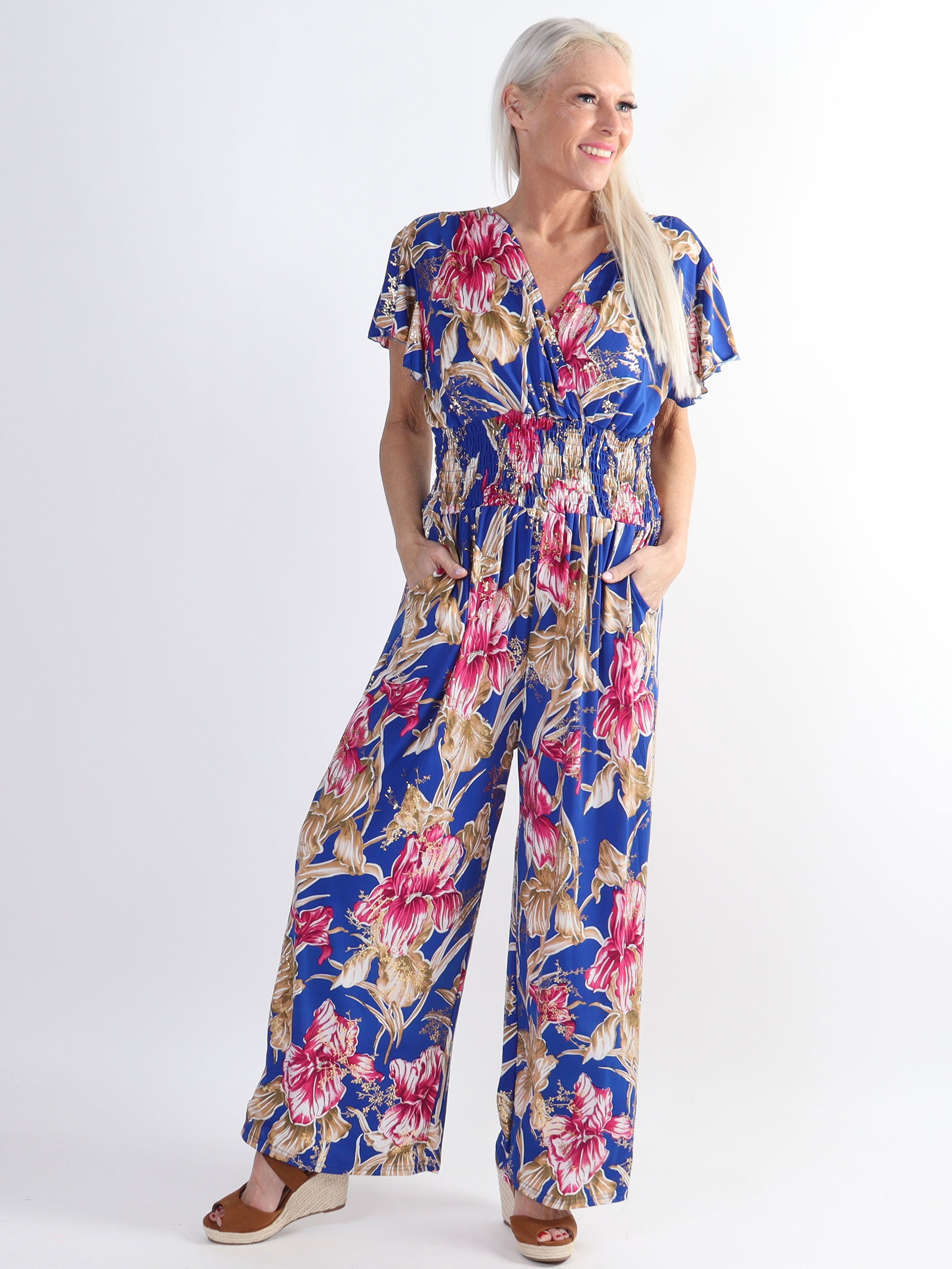 Pams Spring Jumpsuit O/B - Blomstret plus size elastisk buksedragt
